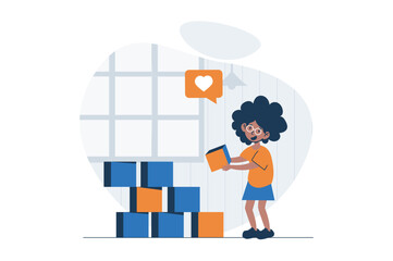 Children playing web concept with character scene. Cute little girl builds cubes and plays with toys at home. People situation in flat design. Vector illustration for social media marketing material.