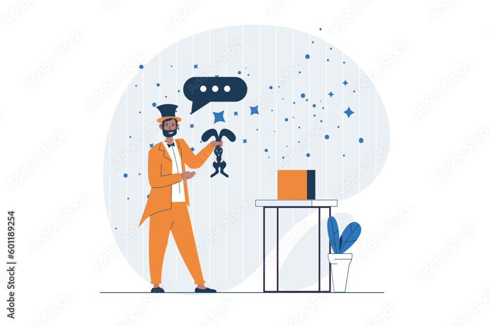 Poster Circus web concept with character scene. Magician performs with entertaining number with rabbit and tricks. People situation in flat design. Vector illustration for social media marketing material.