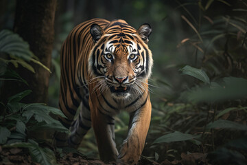 Bengal Tiger sneaking around in thick green forest - Generative AI