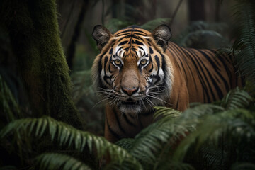 Tiger stalkin prey in forest - Generative AI