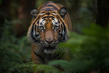 Bengal Tiger sneaking around in thick green forest - Generative AI