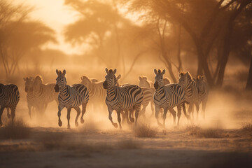 Fototapeta na wymiar Herd of zebras running in dusty african savanna - Generative AI