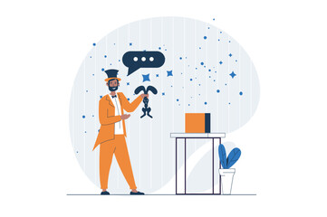 Circus web concept with character scene. Magician performs with entertaining number with rabbit and tricks. People situation in flat design. Vector illustration for social media marketing material.