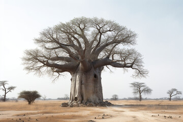 Fototapeta na wymiar African baobab tree growing in dusty savanna - Generative AI