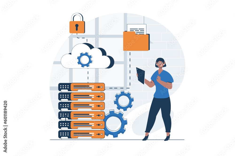 Leinwandbilder cloud data center web concept with character scene. woman working in hardware room of servers and ho
