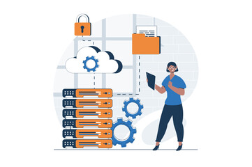 Cloud data center web concept with character scene. Woman working in hardware room of servers and hosting. People situation in flat design. Vector illustration for social media marketing material.