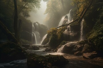 A captivating artwork depicting a misty waterfall and abundant woodland. Generative AI