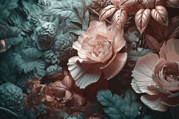 An abstract floral background with decorative foliage illustrations in pastel colors. Generative AI