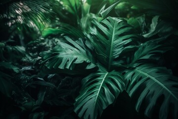 Naklejka na ściany i meble Close-up of lush green foliage. A tropical background image. Generative AI
