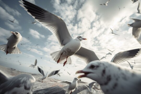 Image of seagulls flying in a group with a thought bubble. Generative AI