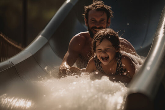 Father and daughter on a waterslide - Generative AI