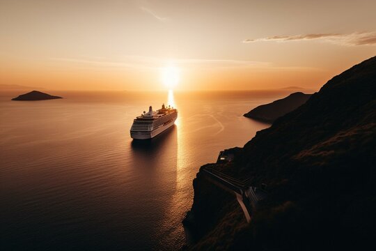 A cruise ship sails through stunning sunrise in Greece. Generative AI