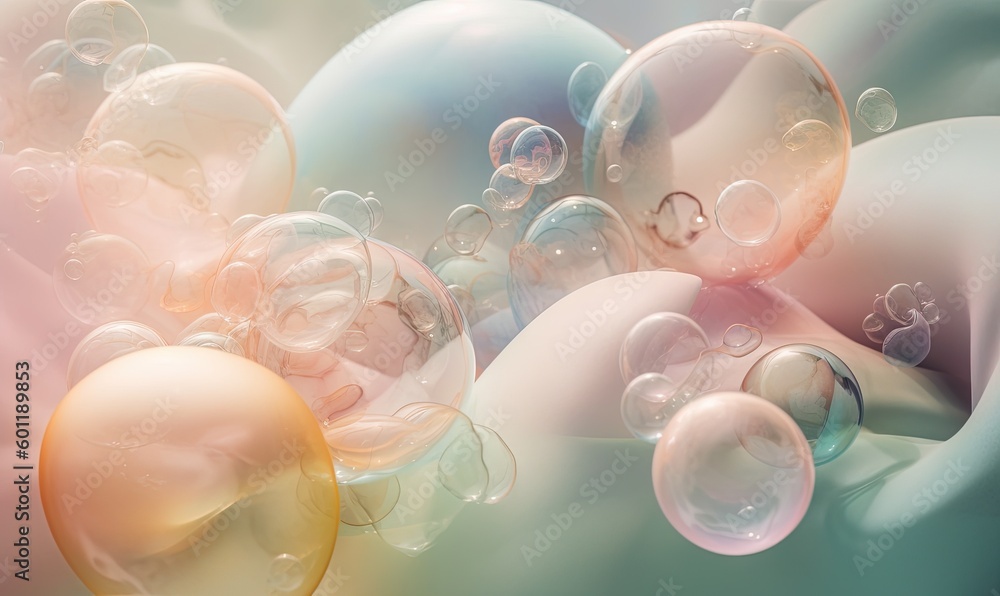Poster a bunch of soap bubbles floating in the air with a blurry background. generative ai