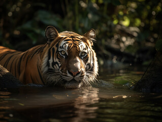 Fototapeta na wymiar Tiger stalkin prey in forest - Generative AI