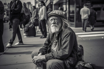 Obraz na płótnie Canvas Senior man beggar with beard sitting on street - Generative AI