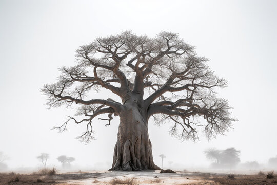 African baobab tree growing in dusty savanna - Generative AI