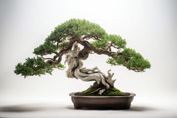 Cute Bonsai in small pot on isolated white background - Generative AI