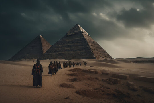 Ancient aliens walking amongst old egyptian pyramids - Generative AI