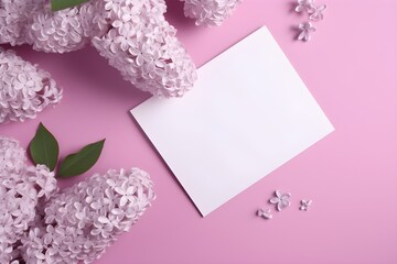 Lilac flowers sprigs and a piece of paper on pink background, copy space, top view. Generative AI.