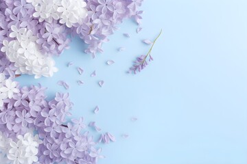 Lilac flowers and petals on light blue background with copy space, top view. Generative AI.