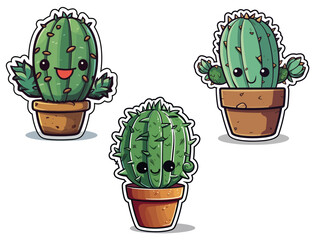 Three cute cartoon cacti characters. With easy removable sticker design border and shadow.