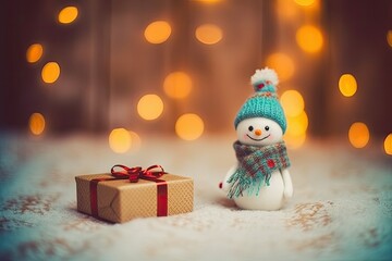 cute snowman standing beside a wrapped gift box in a winter wonderland Generative AI