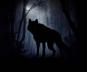 A silhouette of a wolf standing in a moonlit forest, with its outline defined by the shadows and highlights of the scene, creates a haunting and mesmerizing image