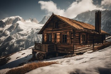 A single wooden cabin amidst snowy mountains. Generative AI