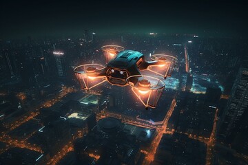 Futuristic drone flies over city with neon lights. Generative AI