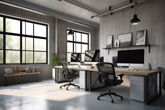 Contemporary office with blank wall, computer, urban vista, sunlit and white decor. CGI design. Generative AI