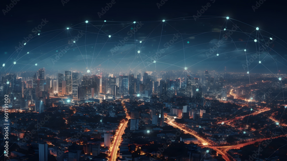 Poster modern city with wireless network connection and city scape concept.wireless network and connection 