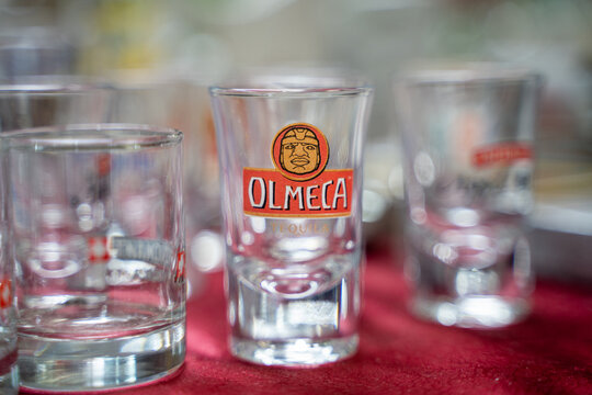 Olmeca tequila shot glass at the flea market. Ankara, Turkey - May 7, 2023.