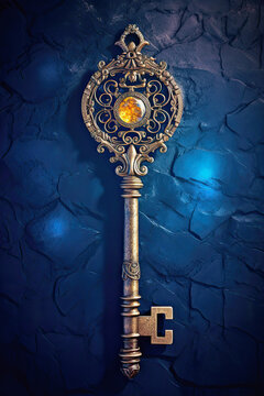 generative ai illustration, a golden ornamented ancient magic key on blue background