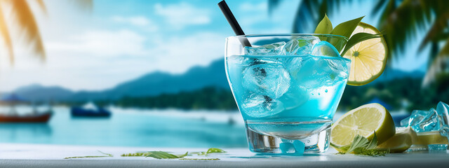 Banner with Blue Loguna cocktail. Generative AI.