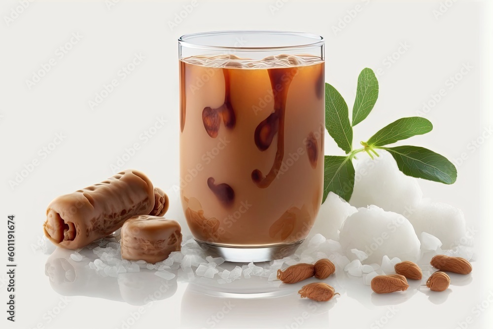Poster glass filled with a refreshing drink and a bowl of nuts on a wooden table generative ai