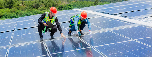 Technician engineer planning to setting solar panel on the roof of the building to work at full...