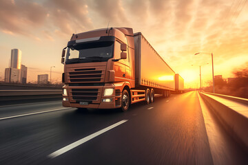 Logistics import export and cargo transportation industry concept of Container Truck run on highway roads at sunset, moving by motion blur effect  - obrazy, fototapety, plakaty