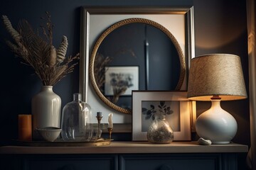 Empty frame on shelf with decoratives and a vase. Generative AI