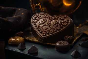 A scrumptious heart-shaped chocolate treat adorned with gold and paired with sweet Valentine's Day treats. Generative AI