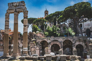 Forum Romanum, serce starożytnego Rzymu, pełne jest ruin świątyń, bazylik i innych ważnych budynków. Te historyczne pozostałości przemawiają o potędze i skomplikowanej historii. - obrazy, fototapety, plakaty