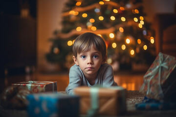 Fototapeta na wymiar kid in bad mood, waiting or disappointed, kid boy in living room with christmas tree. Generative AI