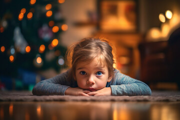 kid in bad mood, waiting or disappointed, kid girl in living room with christmas tree. Generative AI