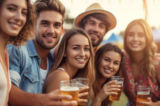 group of young adults partying with glasses of beer in early evening, summer leisure time or vacation. Generative AI