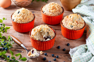 Blueberry muffins with powdered sugar and fresh berries on the table. Baked goods concept.