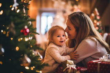 Fototapeta na wymiar young adult woman with her child, toddler girl and mother woman, at christmas in living room with christmas presents and christmas tree. Generative AI