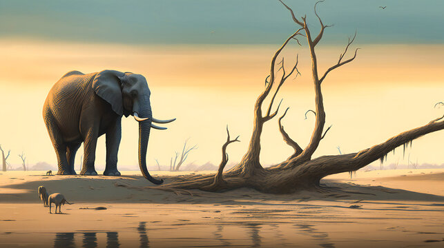 An Elephant Sitting On A Branch In The Sand