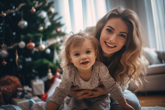 young adult woman with her child, toddler girl and mother woman, at christmas in living room with christmas presents and christmas tree. Generative AI