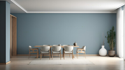 Modern interior design of apartment, empty living room with blank blue wall, dining room with table and chairs, interior background.
