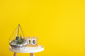 Florarium with calendar on table near yellow wall