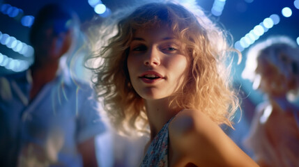 Obraz na płótnie Canvas young adult woman in a nightclub or dance floor dancing. Generative AI